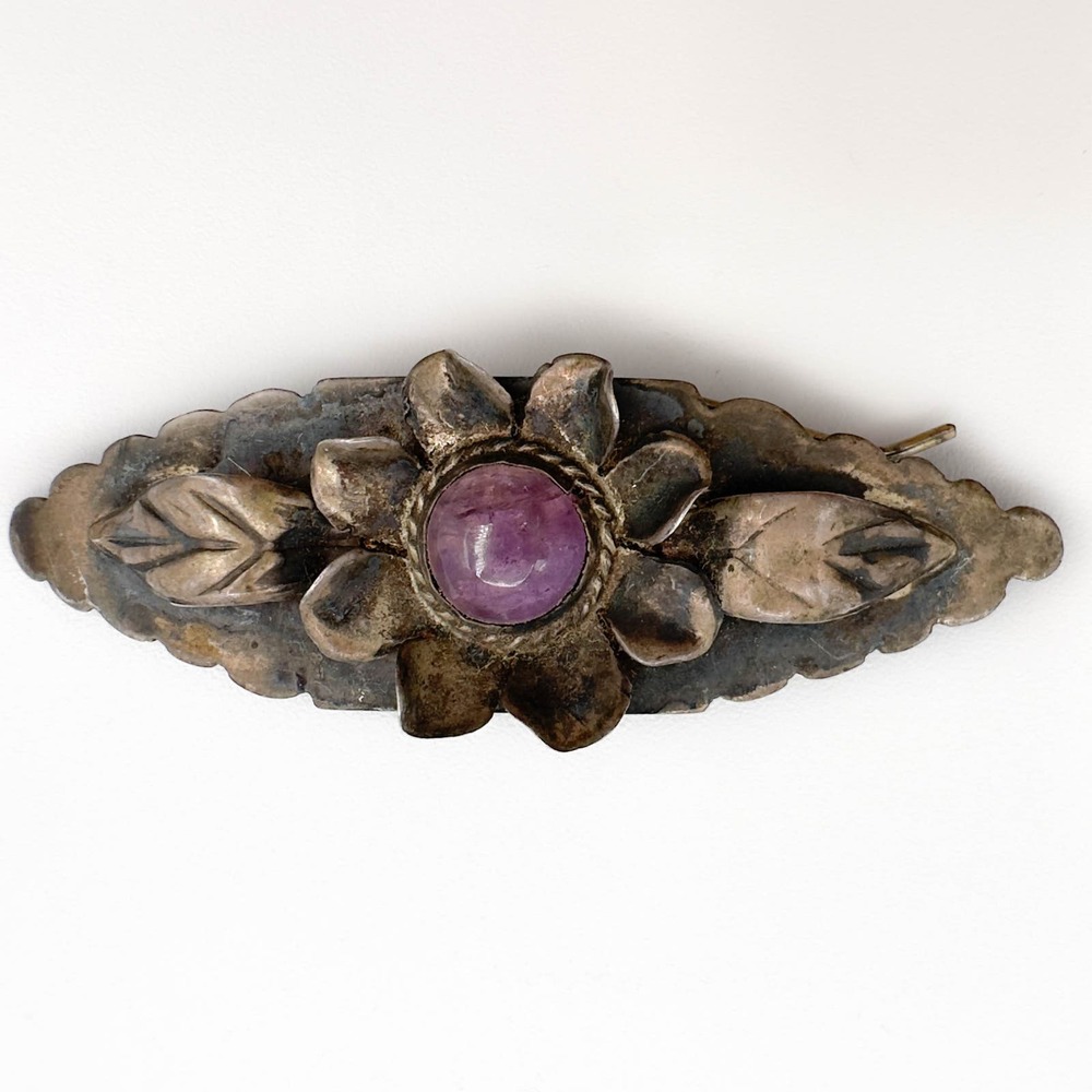Antique Victorian Mexican Sterling Silver Amethyst Brooch Sash Pin w Old Clasp